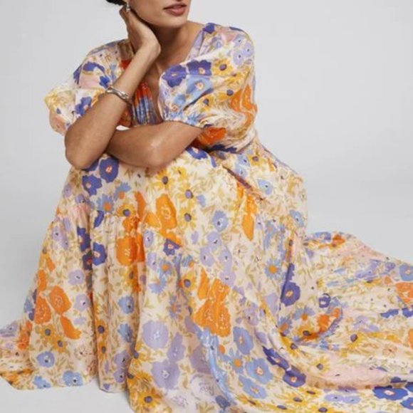 & Other Stories Dresses & Skirts - & OTHER STORIES Floral Print Puff Sleeve Gathered Maxi Dress Blue Orange {II41}